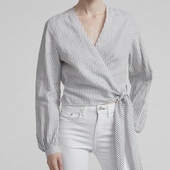 RAG & BONE Prescott Linen Tie Front Blouse Stripe Black White {PP8} - Picture 1 of 5
